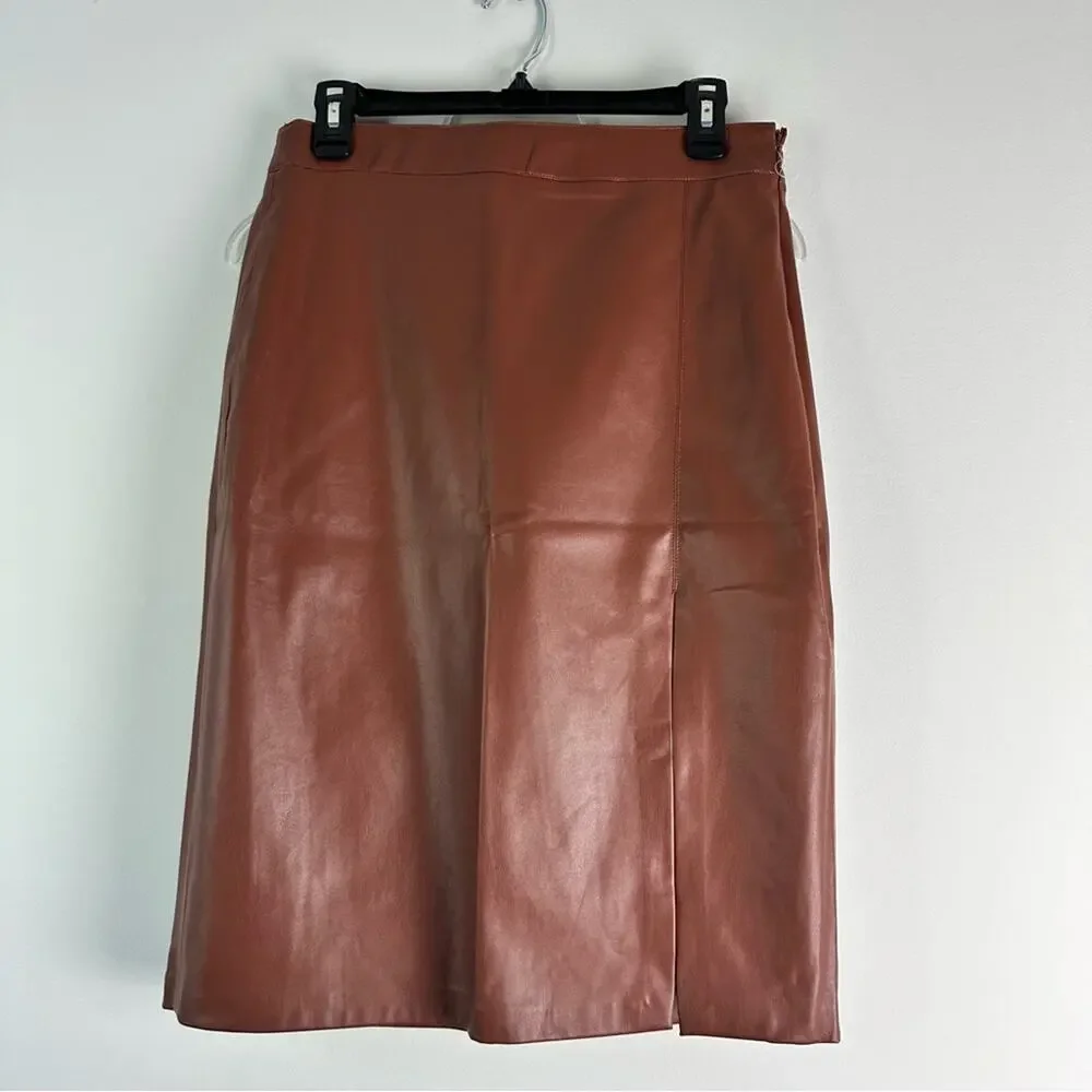 New JASON WU Faux Leather Chocolate Brown Midi skirt 2 Piece Set Large Vegan
